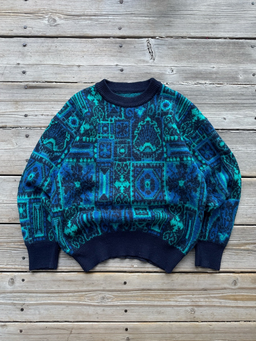 Vintage 80’s Teal & Navy Abstract Pattern Wool Sweater Women’s XS Made in Italy